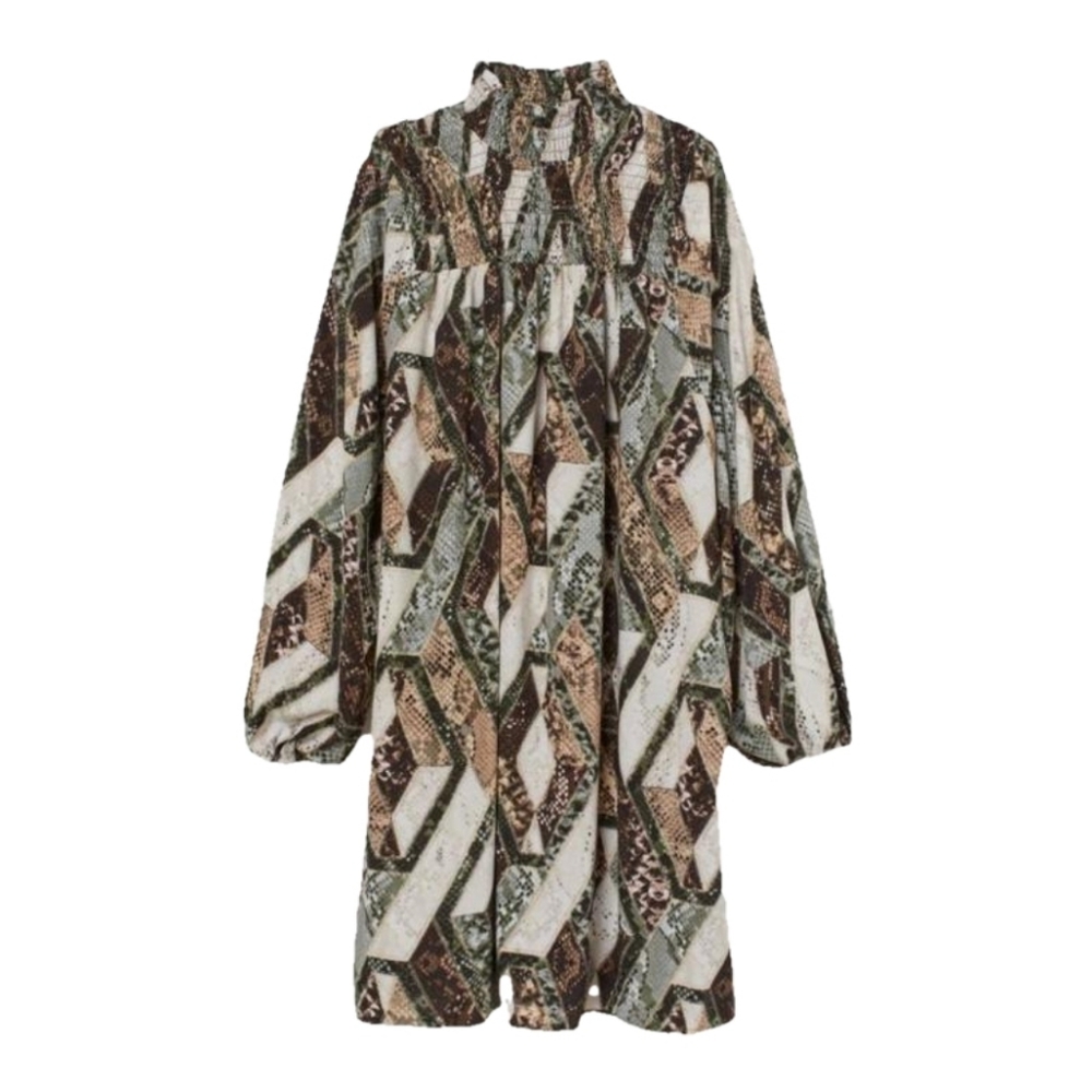 H&M snake print geometric smocked turtleneck dress